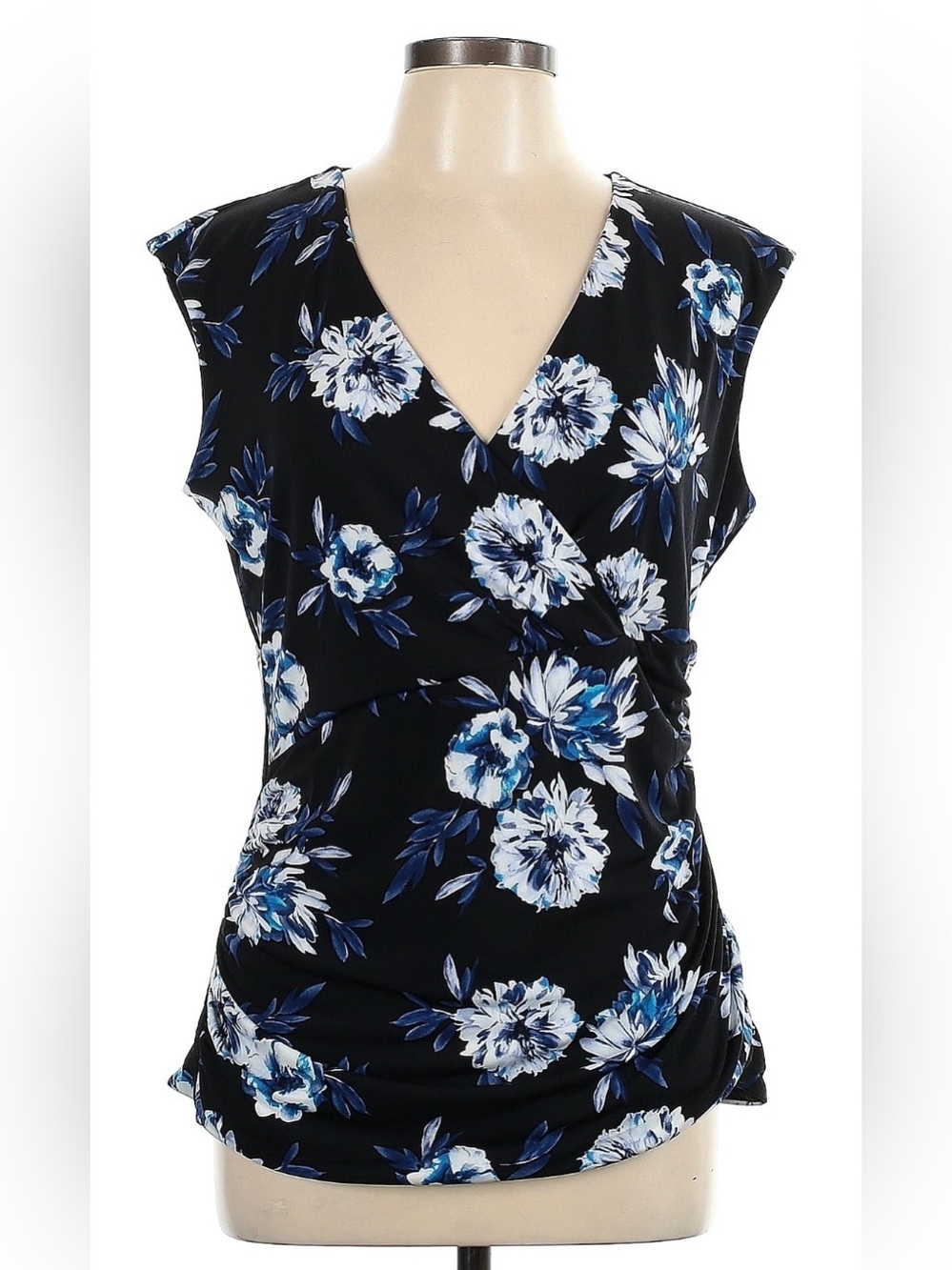 EUC White House Black Market Floral Wrap Blouse - Blue and Black